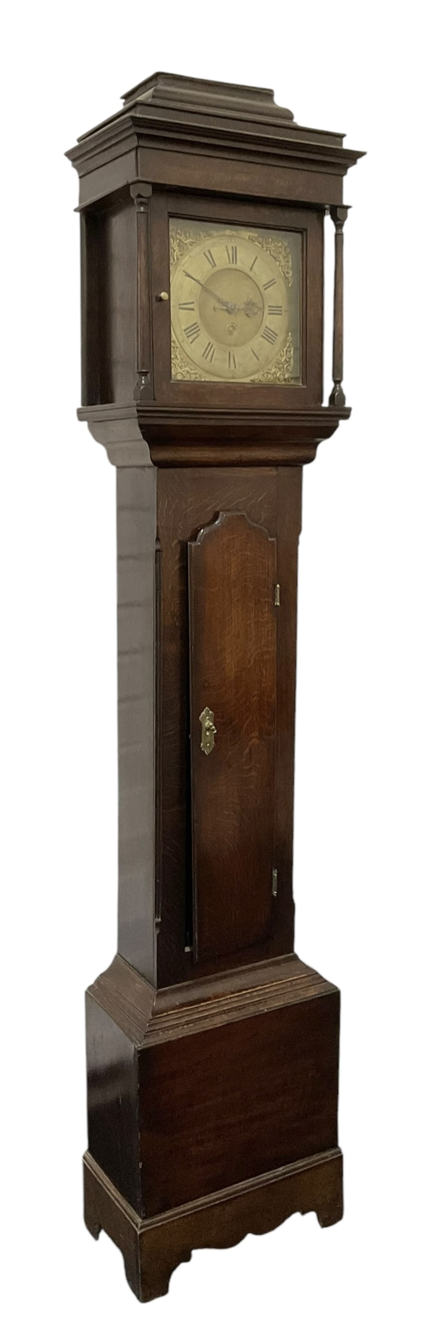 Benjamin Rodgers of Chesterfield- Fine provincial early18th-century 30-hour oak longcase clock       
 c1720, with a stepped caddy top and square hood door beneath, with detached pilasters with wooden capitals, case with reeded corners and a ogee toped long trunk door, with a square pediment and decorative applied skirting, brass dial with restoration spandrels, matted centre, original steel hands and chapter with Roman numerals, quarter hour and minute tracks, dial pinned to a countwheel striking movement, striking the hours on a bell.
 With weight and pendulum.  