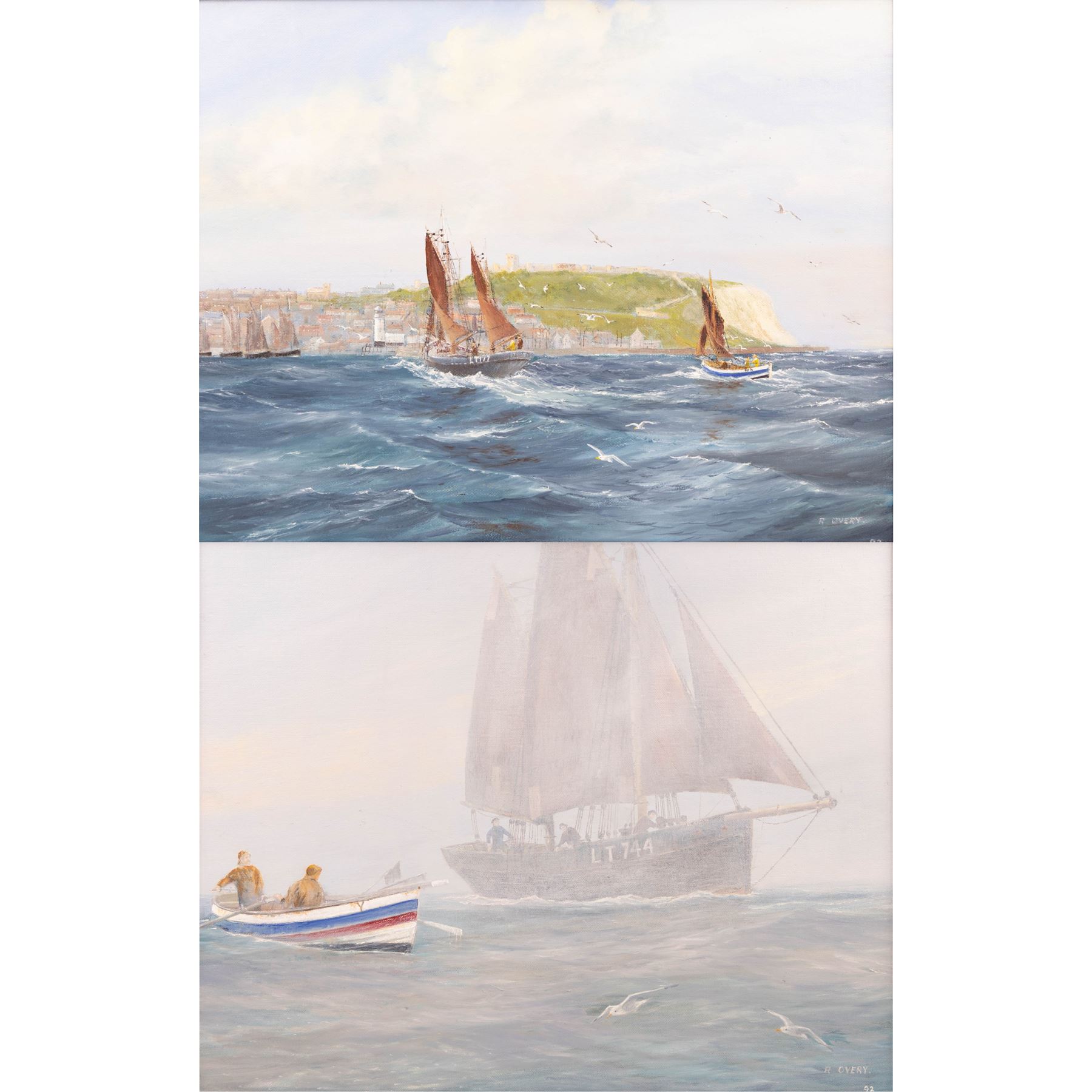 Robert Overy (British 1928-2018): Boats off Scarborough, two oils on canvas board signed and dated '92, larger 39cm x 49cm (2)