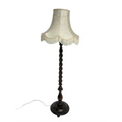 Mid-20th century oak barley twist standard lamp, with shade