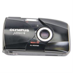 Olympus MJU II all weather 35mm compact camera serial no. 5106886, in soft shell case