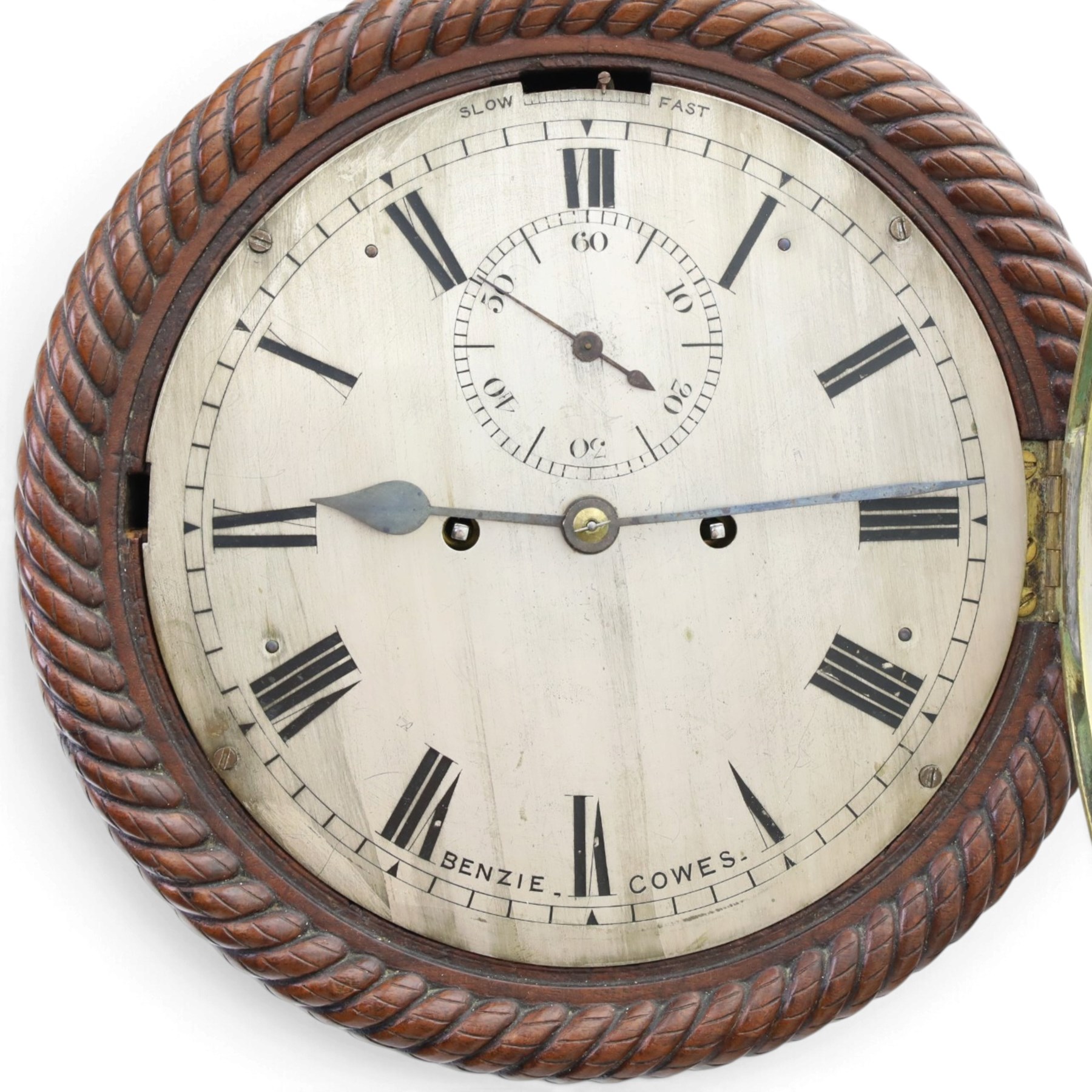 Benzie of Cowes - late Victorian ships bulkhead double fusee wall clock, silvered 8