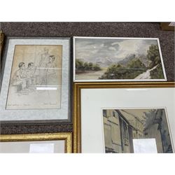Watercolours and paintings, including Cecil Gracey street scene, Juliet Pannett pencil, portrait oil, coastal watercolour in quality gilt frame, William Ashton herding cattle watercolour, Ernest Forbes oil, etc