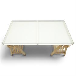 IKEA - Vika Gruvan trestle table, glass and white top raised on beech adjustable supports