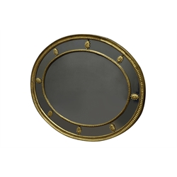  19th century wall mirror, oval plate in gilt and gesso frame with bead and flower decoration, W111cm x H91cm  