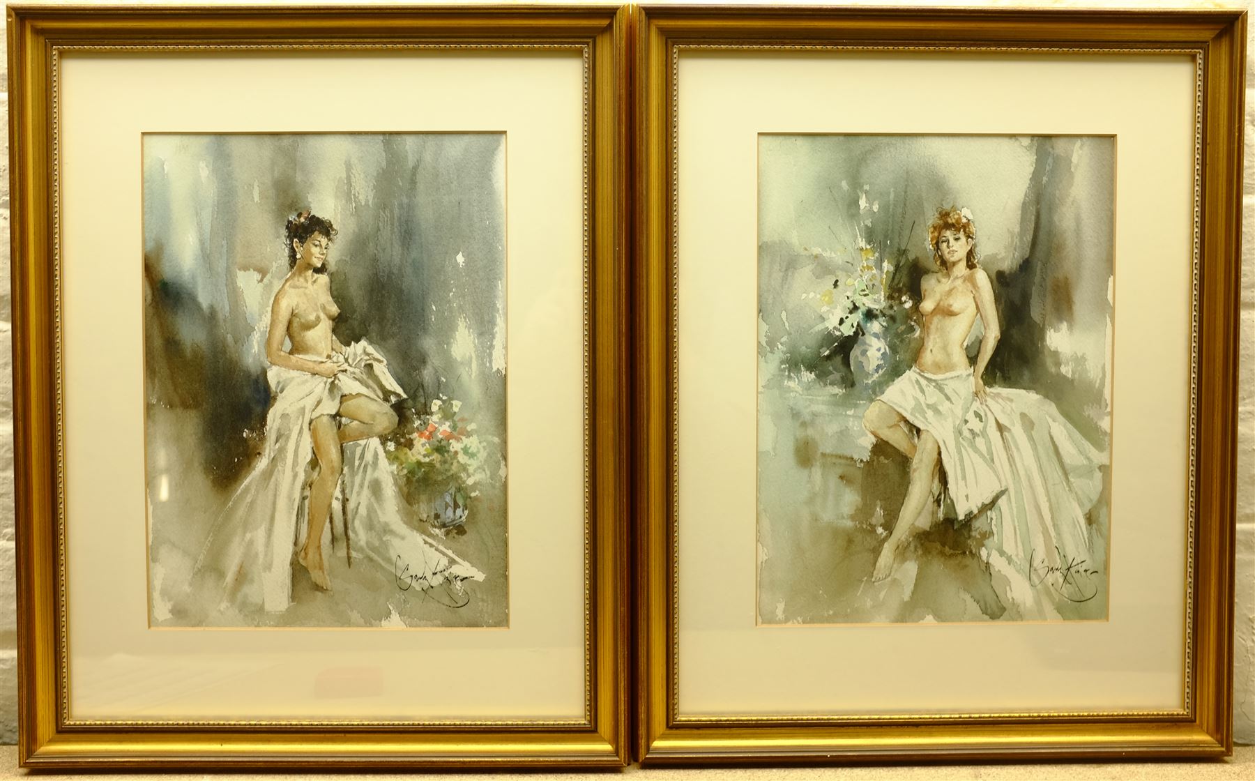 Gordon King (British 1939-): Nude Women with Flowers, pair watercolours signed 37cm x 27cm
Provenance: with the William Sissons Gallery Helmsley, labels verso