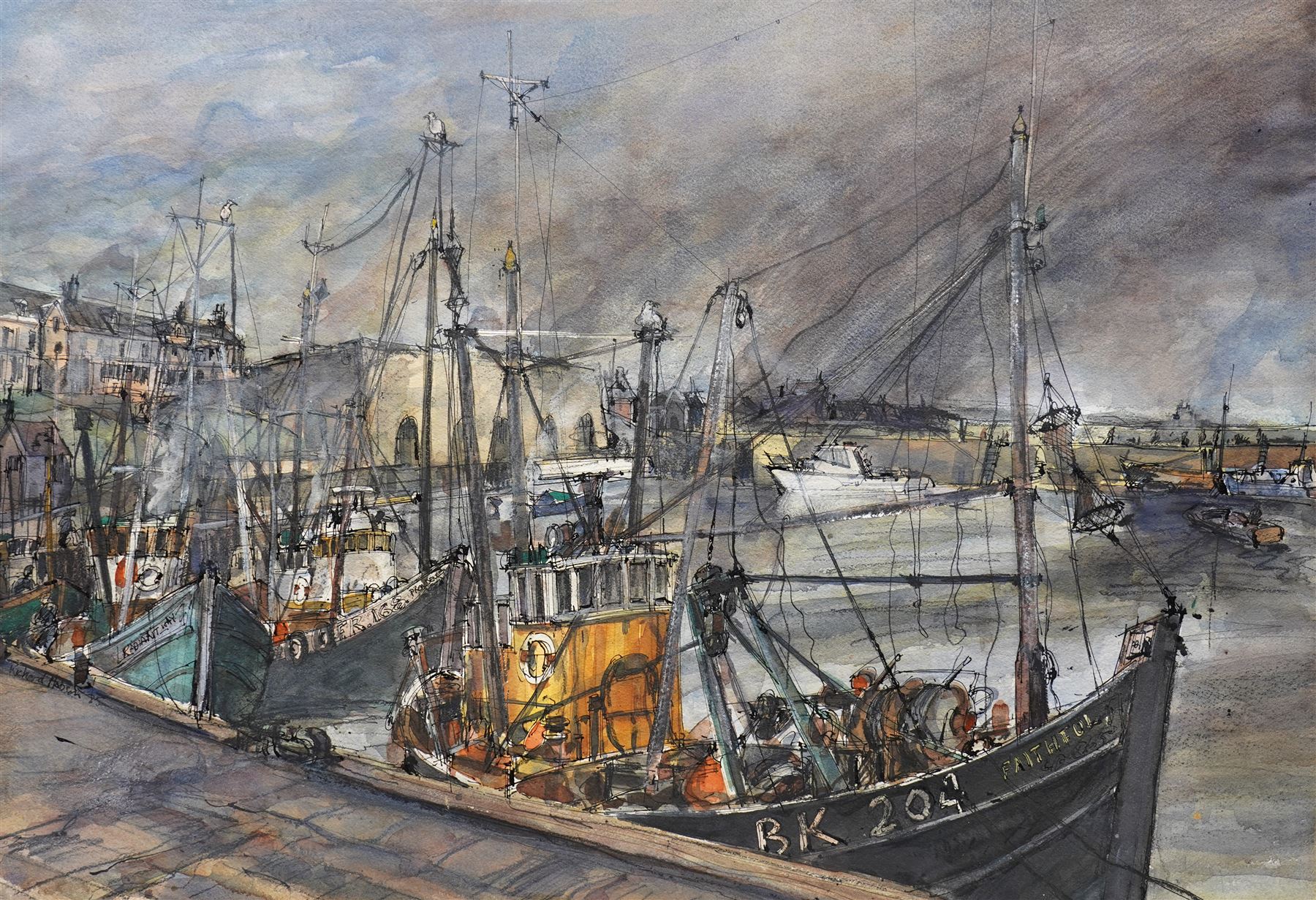 Richard Hobson (Newcastle 1945-2004): Trawlers at Berwick on Tweed, watercolour and ink signed and dated '85, 53cm x 76cm