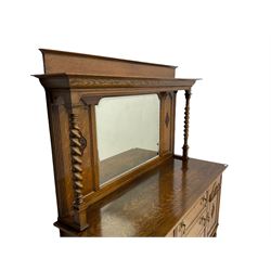 Early 20th century oak barley twist mirror back sideboard, fitted with three drawer and two cupboards, bevelled plate