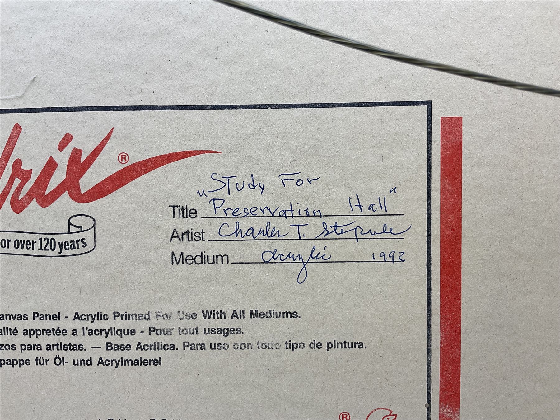 Charles T Stepule (American 1911-2006): 'Preservation Hall' Jazz Band New Orleans, acrylic on canvas laid onto board signed, titled and dated 1992 verso 39cm x 49cm 