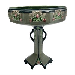 Early 20th Century Eichwald table centrepiece in the secessionist style, the bowl of decagon form decorated with pink and green floral geometric motifs upon blue grey ground raised upon central column with twin handles and spreading shaped foot, with impressed marks beneath, H26cm