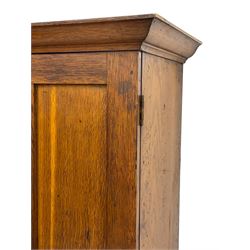 The North of England School Furnishing Company Limited Darlington - early 20th century oak school cupboard, projecting moulded cornice over two panelled doors, fitted with shelves, on chamfered plinth base 