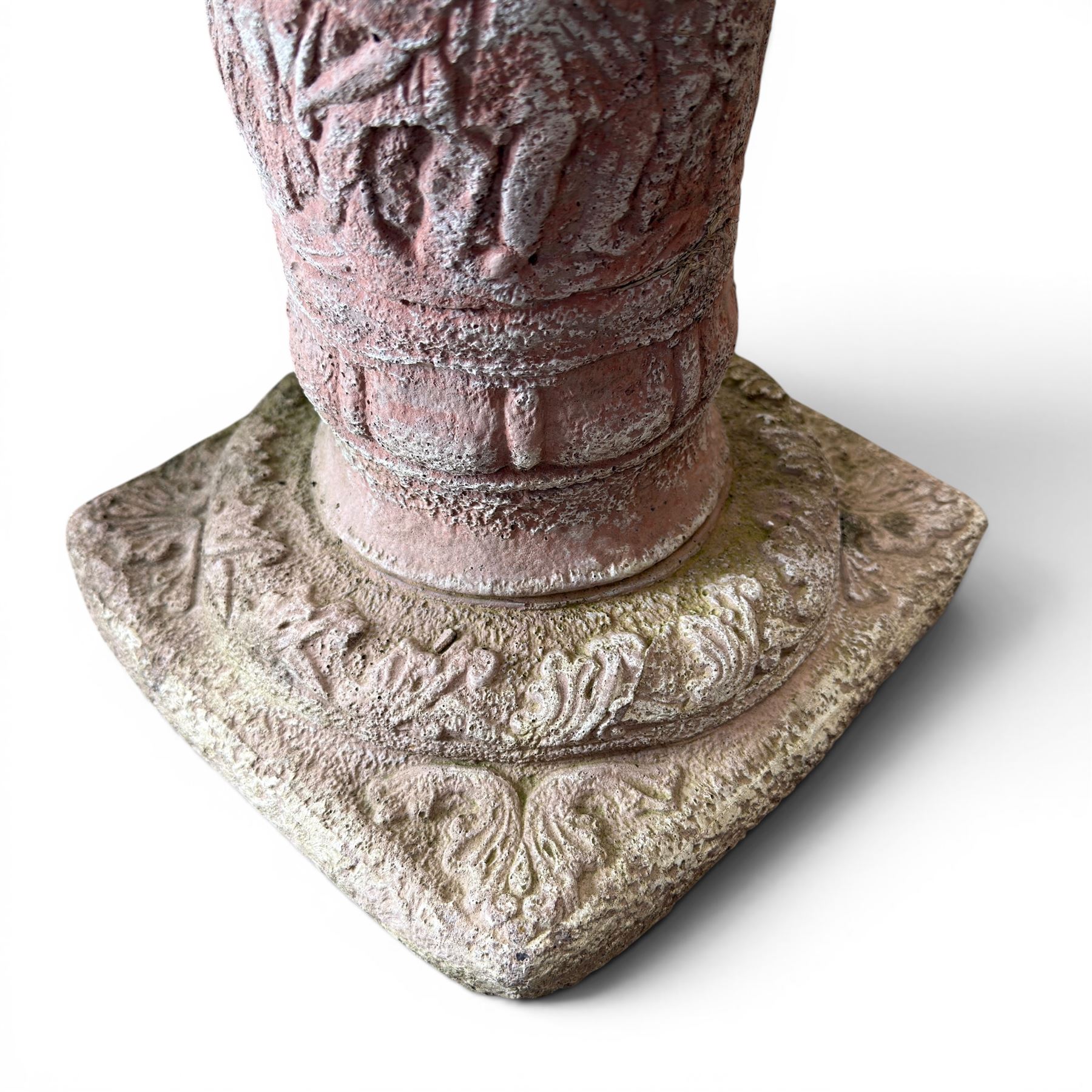 Weathered cast stone sundial, shaped top with metal dial, patterned column