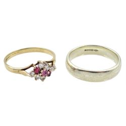 Gold stone set cluster ring and a white gold wedding band, both hallmarked 9ct