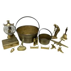 Two brass jam pans, together with brass 'State Express Cigarettes' box, a brass golfer, shell casings and other brass items