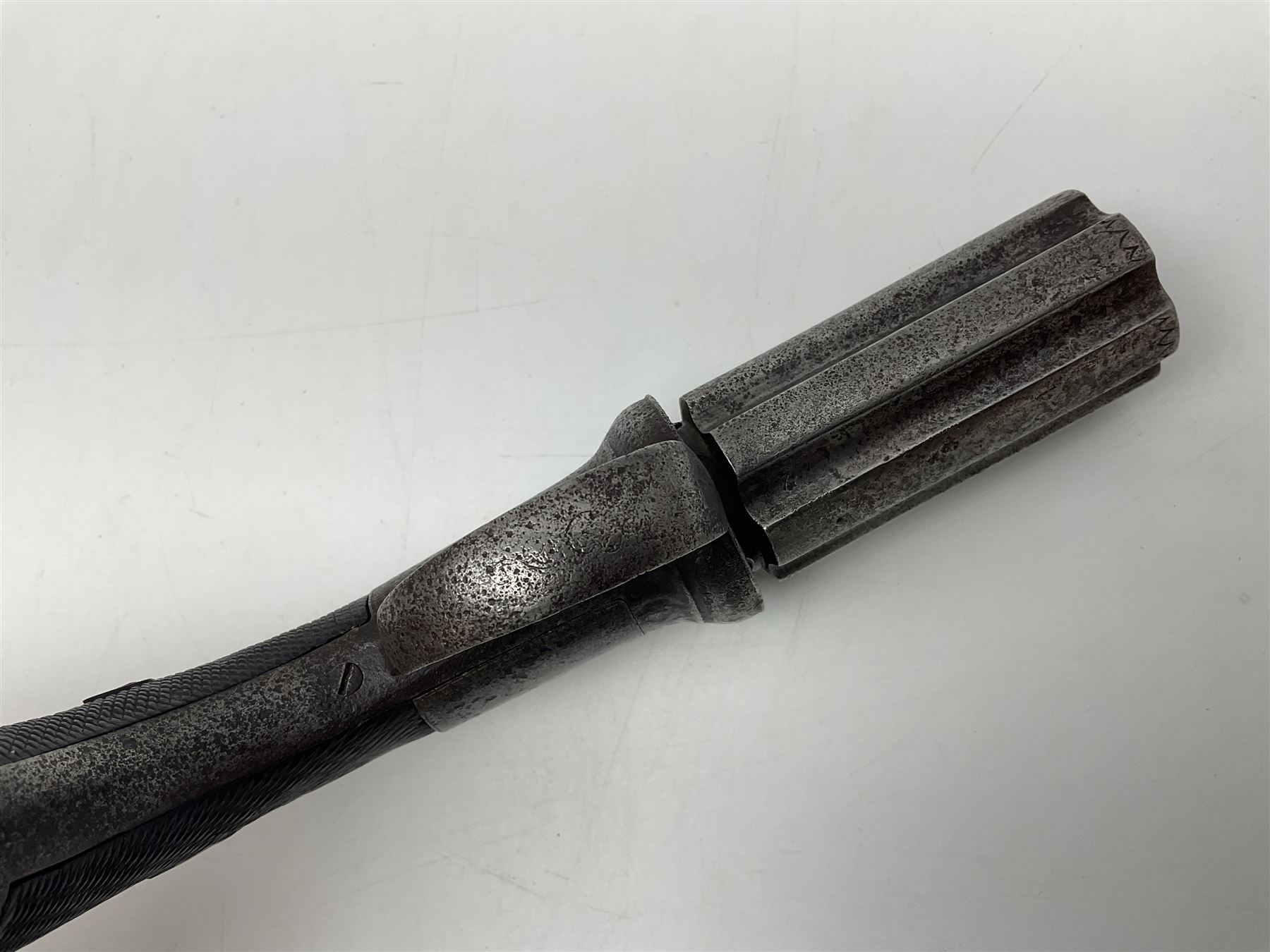 19th century percussion six-shot pepperbox revolver, approximately 32 calibre with 7.5cm barrels, L21cm overall