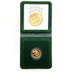 Queen Elizabeth II 1980 gold proof full sovereign coin, cased with certificate