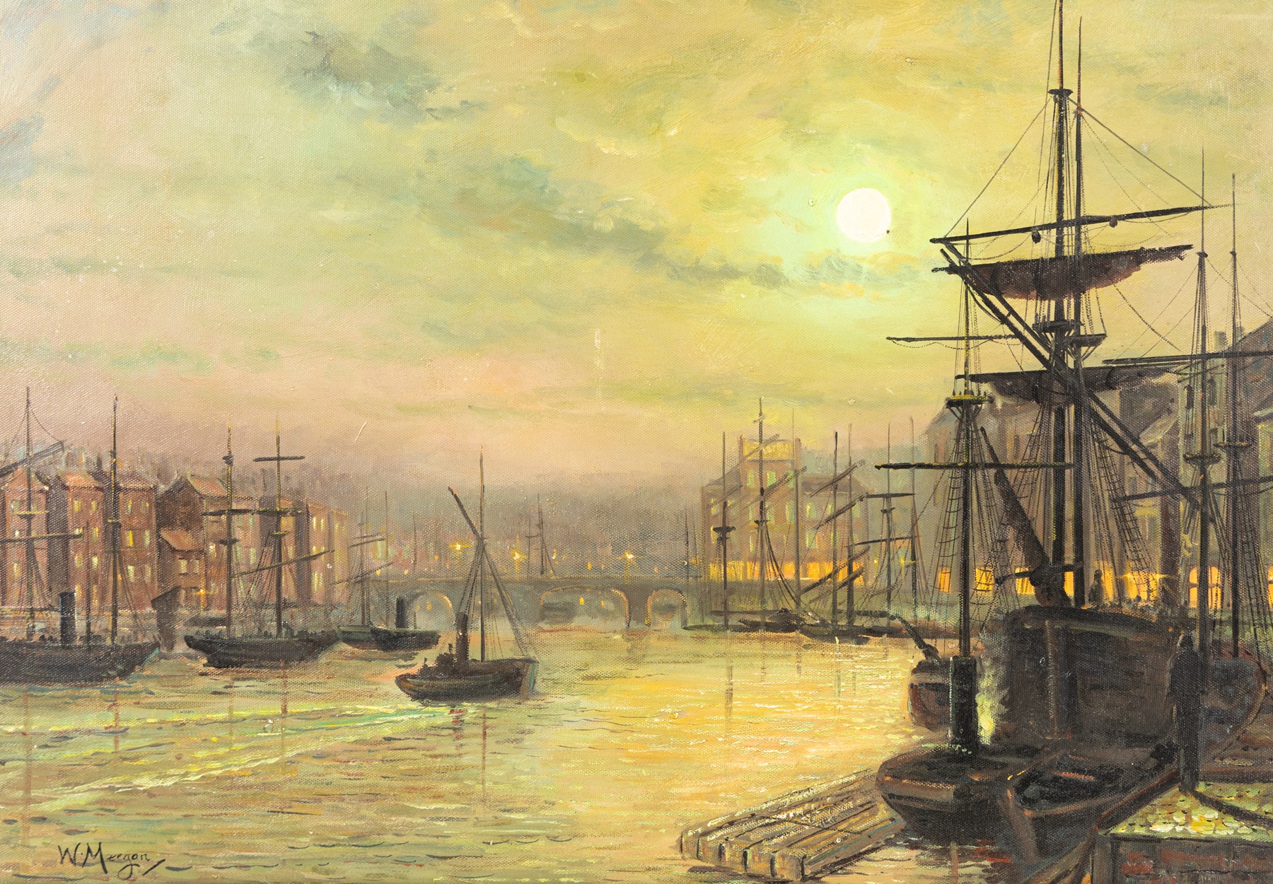 After Walter Linsley Meegan (British c1860-1944): Whitby Harbour by Moonlight, oil on canvas laid on to board bears signature 37cm x 58cm