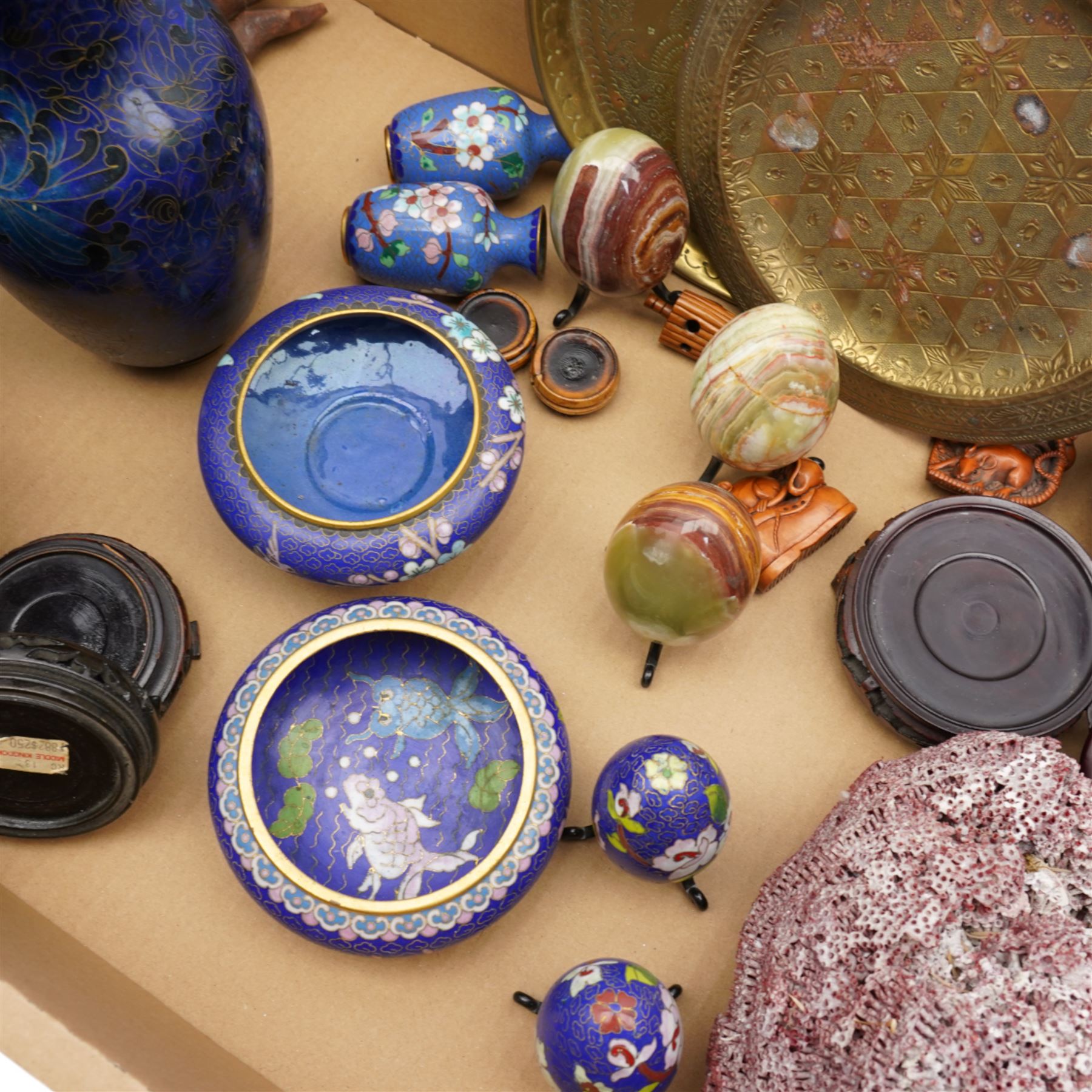 Pair of Chinese cloisonne vases with a paper label inscribed Middle Kingdom, other cloisonne items, hardstone eggs, three netsukes etc