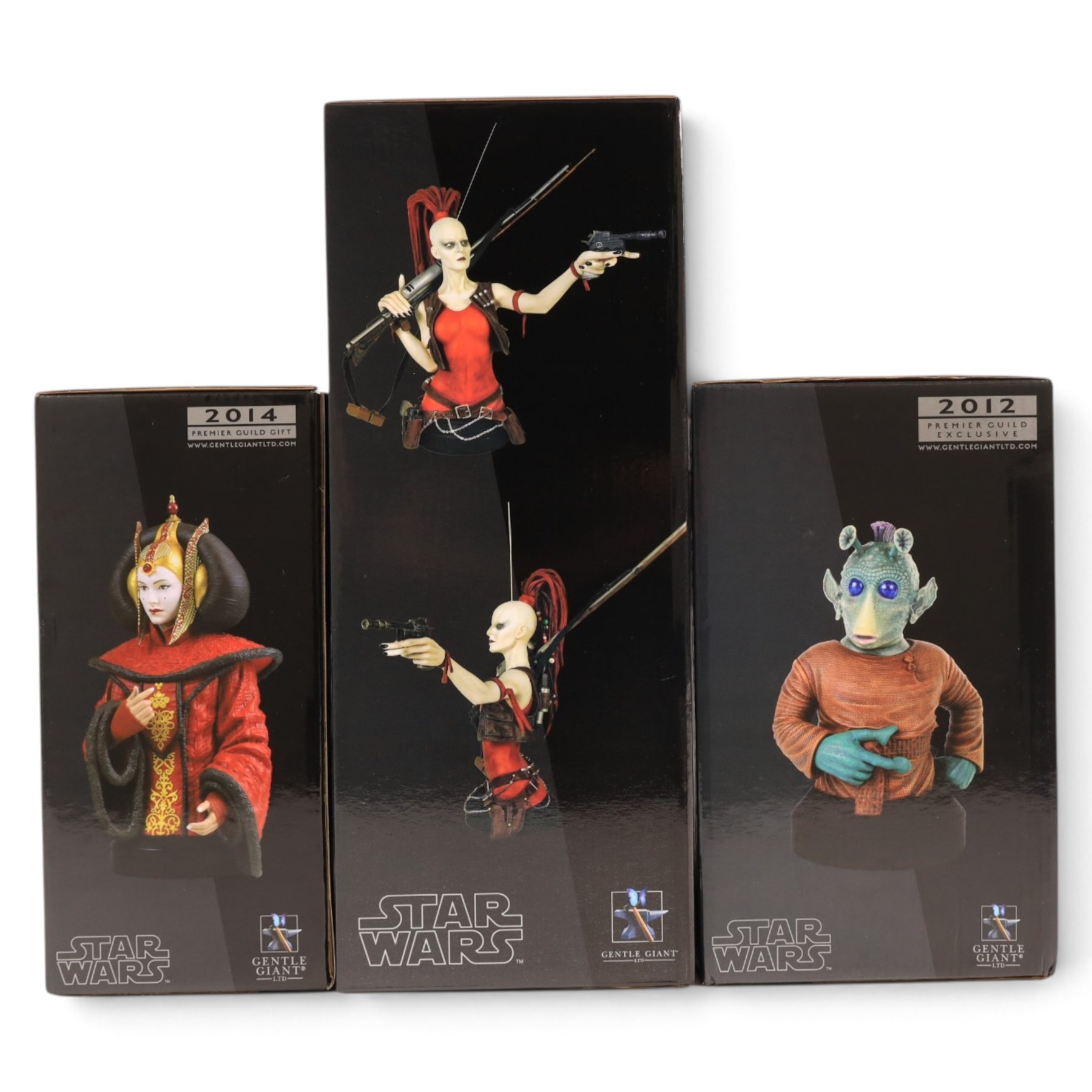 Three limited edition Gentle Giant Star Wars Episode I The Phantom Menace collectible mini busts, comprising Aurra Sing no.685/1800, 2012 Premier Guild Exclusive Jar Jar Binks with W.Wald Deluxe Busts and 2014 Premier Guild Gift Princess Amidala