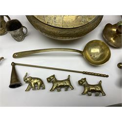 Collection of brassware, to include, kettles, jugs, owl figures etc