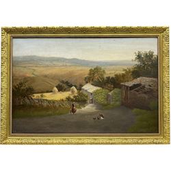 John Holland Jnr (British 1830-1886): Yorkshire Dale Farmstead with Haystacks and Chickens...