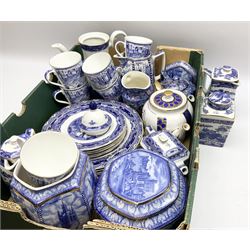 Collection of Ringtons tea wares in a selection of patterns including willow pattern, wares include six dinner plates, six side plates, two teapots, two lidded jugs and lidded urn, along with six cups, two lidded urns etc. 