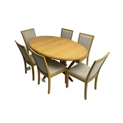Contemporary light oak oval extending dining table, shaped X-frame base (W160cm D102cm); and set of six light oak dining chairs, back and seat upholstered in textured pebble cream fabric (W50cm H90cm)
