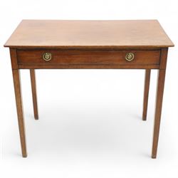 George III mahogany side table, rectangular top over single drawer, fitted with brass ring handles and pressed circular plates, on square tapering supports