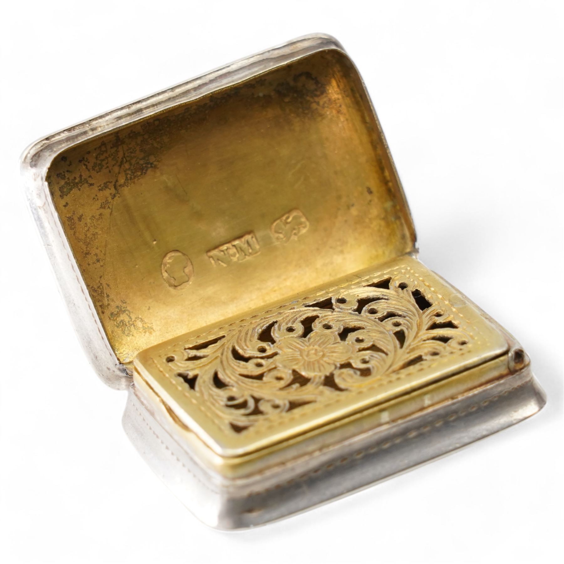 Victorian rectangular silver vinaigrette with inscription and floral engraving, hinged pierced grille  Birmingham circa 1840 Maker Nathaniel Mills