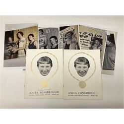 On the direct instructions of Anita Porter nee Lonsbrough Great British Olympic and Commonwealth Games gold medal winning swimmer - collection of early and international memorabilia comprising original Huddersfield Bath Club track suit top bearing eight stitched on cloth badges including British Empire & Commonwealth Games 1958 England Team, YSASA, North Eastern Counties ASA, ESSA Division 3,  English Schools Swimming Association winner etc
The swimming costume Anita wore at the 1958 Commonwealth Games in Cardiff, her first major championships, where she won two gold medals. The grey elastic on the sides, in those days, she would use to make it tighter and more streamlined.
Blue track suit from the 1960 Olympics which she wore on the podium receiving the gold medal.
1960 pool side towelling robe used at the Rome Olympics (interesting to note her name is spelt wrong on the embroidered label).
1962 Commonwealth Games pool side towelling robe used in Perth Australia when winning three Gold medals. 
It was also this year she became BBC Sports Personality of the year, the first female to do so.
Her 'lucky' pool side towel which she took with her to every event she competed in and which can be seen round her neck in many official celebratory photographs. Copies of some of these photographs are included for identification.
In addition there are two souvenir programmes of an evening event to honour Anita at The Theatre Royal Huddersfield and she has kindly signed the front cover on one of these.