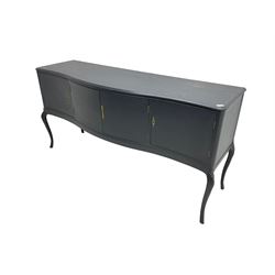 French design grey painted teak serpentine sideboard, the shaped front fitted with central double cupboard flanked by two single cupboards, each concealing drawer, on cabriole supports
