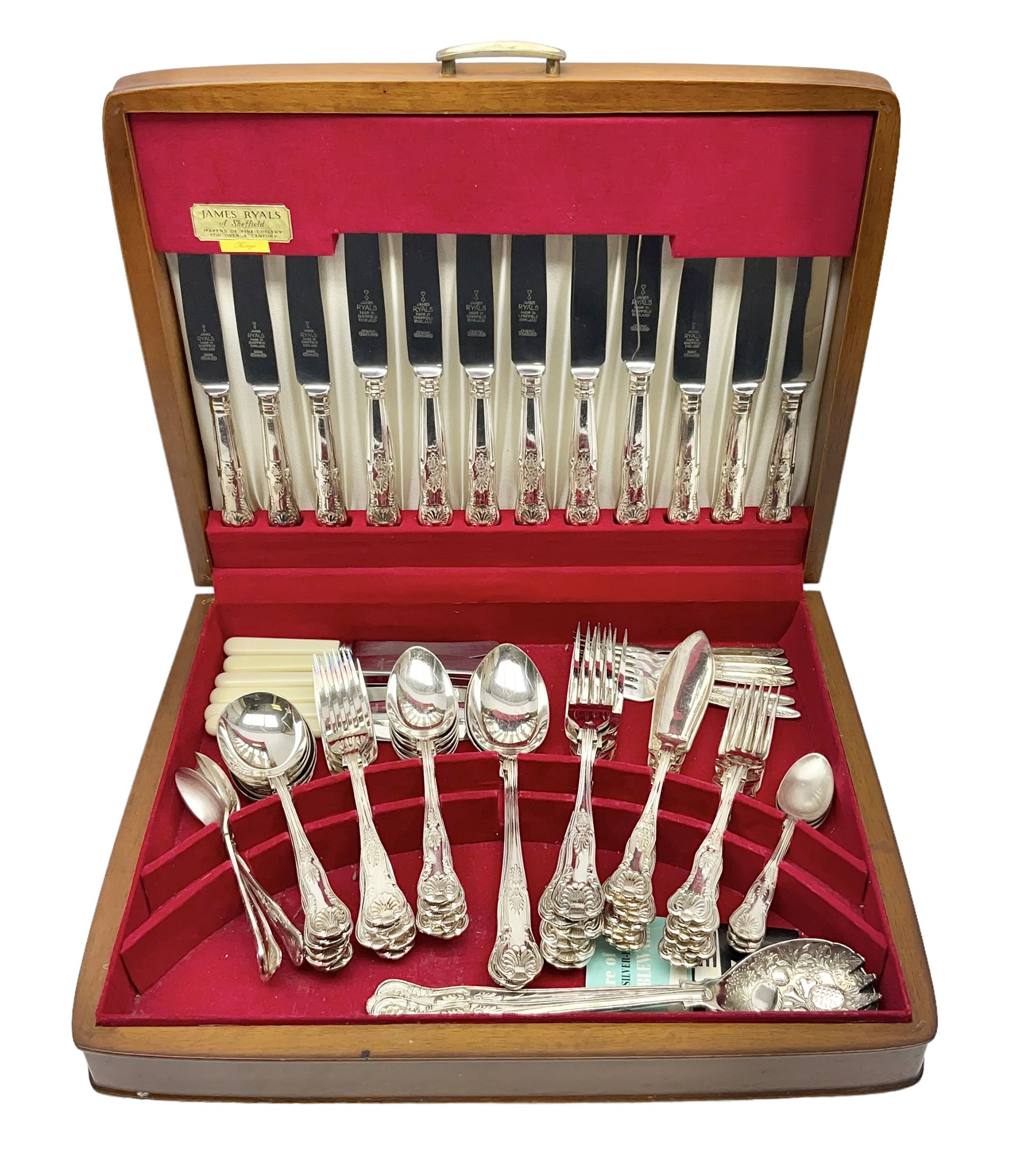 Canteen of King's pattern cutlery for six place settings by James Ryals of Sheffield, with two extra forks, pair of salad servers and six fish knives, all within fitted wooden case, together with six ivorine handled butter knives and six silver plated cake forks