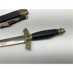  WW2 German SMF Solingen DLV flyers dagger with 16cm steel blade, nickel downswept cross-piece and pommel and leather covered grip, in leather and nickel scabbard with leather suspension strap L34cm overall. After WWI Germany was forbidden an air force by the Treaty of Versailles however the Deutscher Luftsport-Verband (German Air-sport Association) was formed in March 1933 from various sports flying clubs and had branches for aeroplane, gliding and balloon flying. Under cover of the sporting DLV, many future Luftwaffe pilots trained to fly. DLV was embodied with the NSKK in March 1935 and 1st March 1937 Luftwaffe formed.