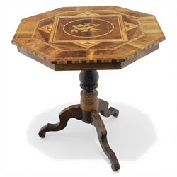 Mid-20th century Italian marquetry inlaid walnut centre table, octagonal top decorated with radiating panels and central foliate roundel, crossbanded borders with line inlay, raised on turned column and tripod base