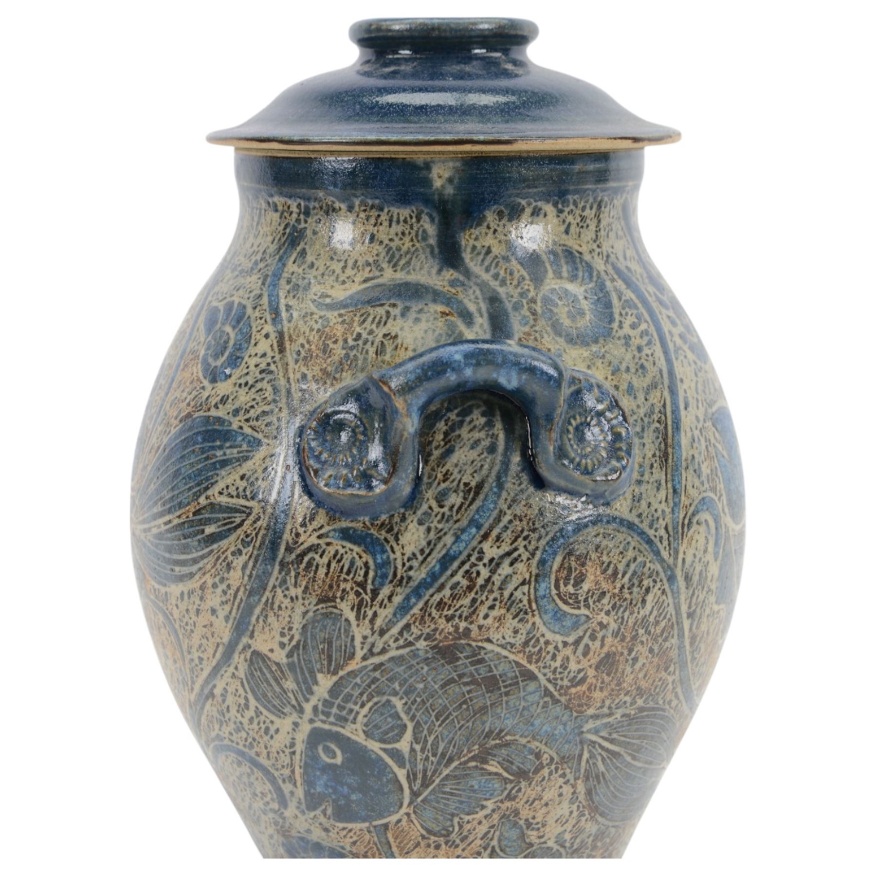 John Egerton (c1945-): studio pottery stoneware vase and cover, decorated with fish and ammonites upon a blue ground, H38cm