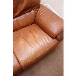  Three seat sofa, upholstered in chocolate brown leather, W215cm  