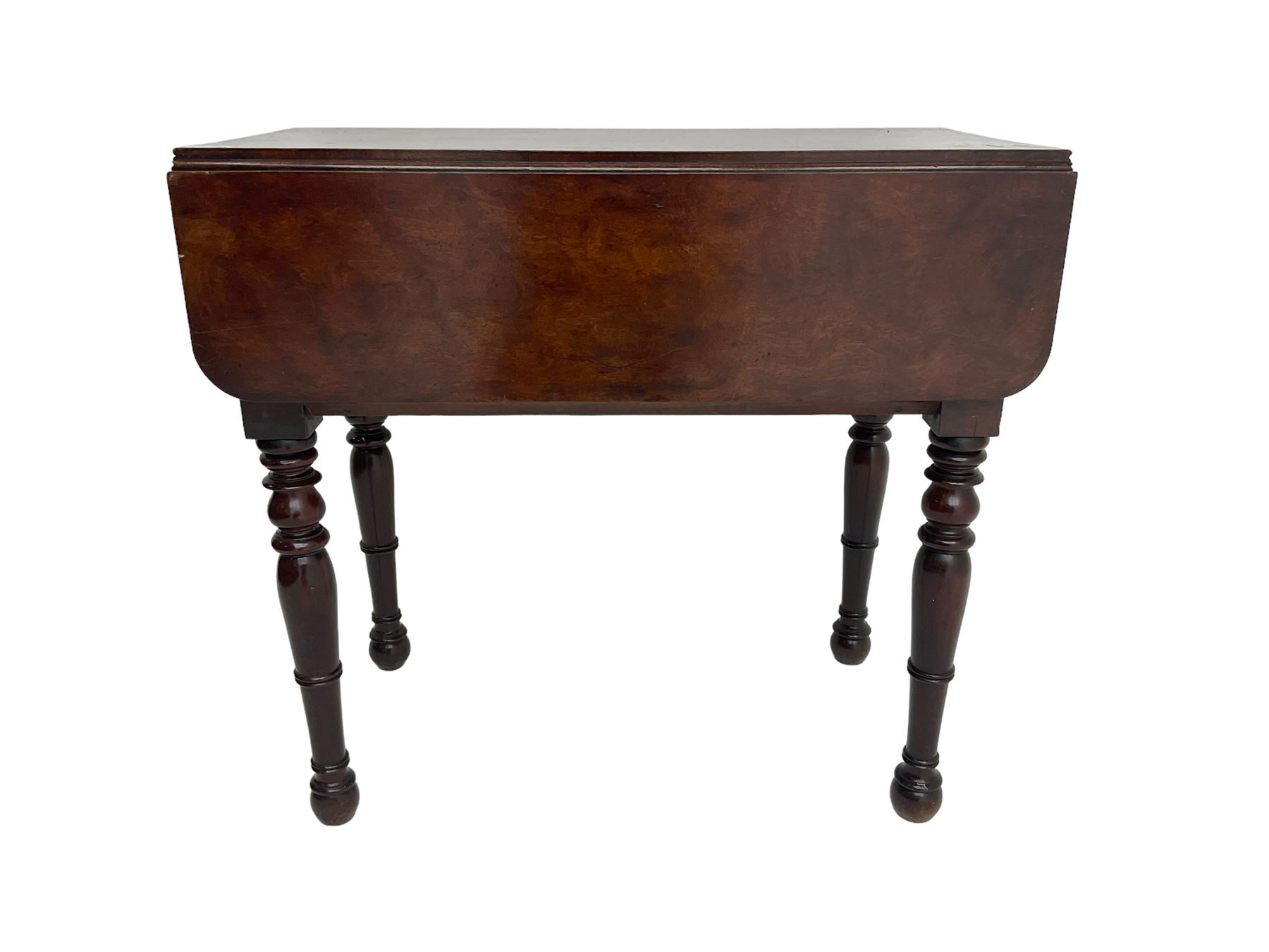 19th century walnut drop leaf side table, rectangular top with reeded edge, fitted with secret compartment with button action, leaf functions as hinged door enclosing cupboard, raised on turned supports