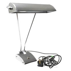Eileen Gray (Irish, 1878–1976) for JUMO - black and chrome table lamp, curved rectangular shade with chrome end plates, supported on twin chrome rods over shaped black and chrome base with push switch, with 2025 PAT certificate, H45cm 