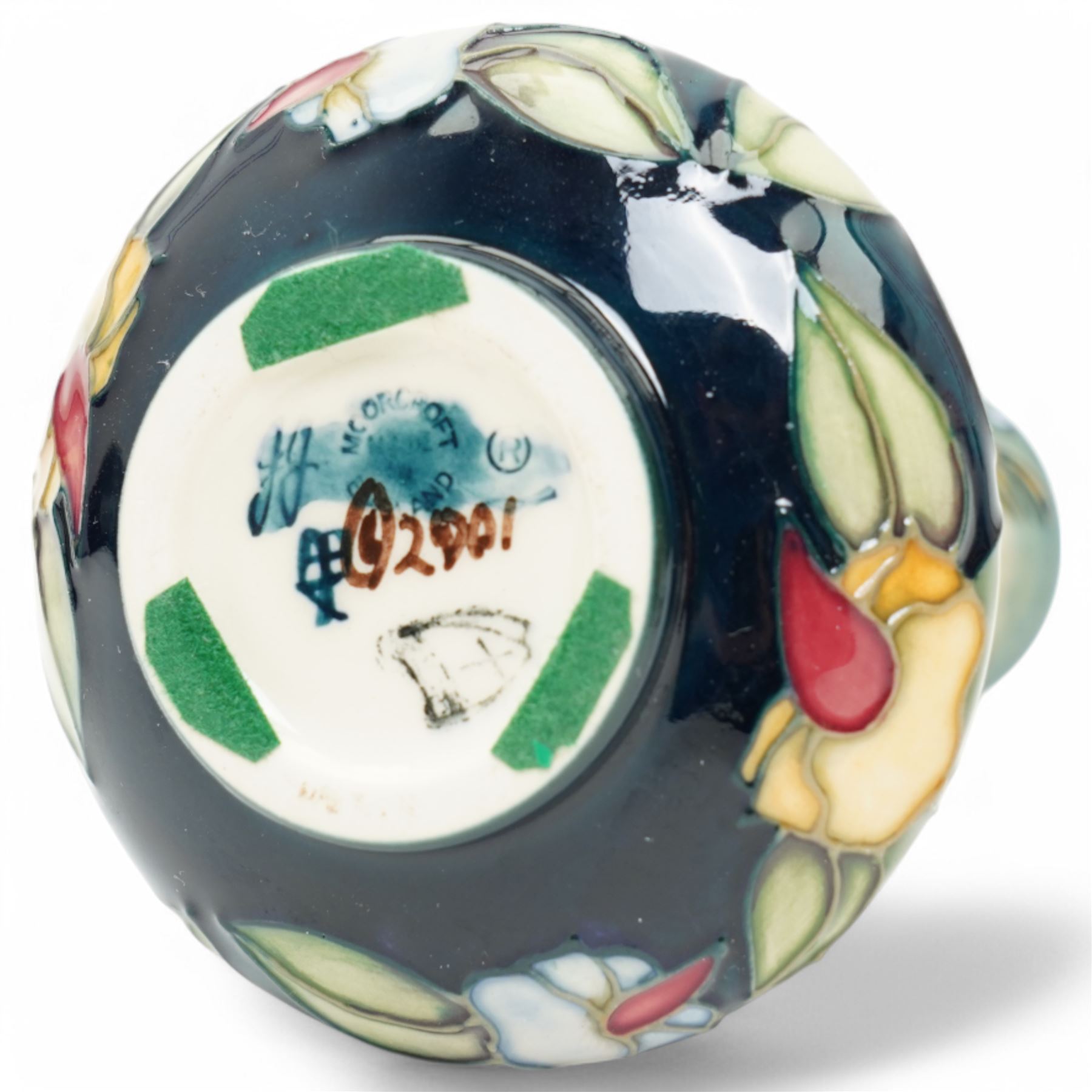 Moorcroft Peaches pattern globular vase from the Mediterranean series H11cm, Ingleswood saucer dish designed by Philip Gibson and a Prairie Summer vase H10cm (3) 