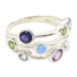Silver opal, amethyst, iolite, topaz and peridot set ring, stamped 925 