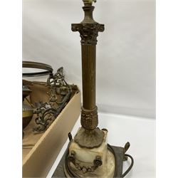 Cast brass Corinthian column design table lamp, upon hardstone base and four brass paw feet, H66cm, together with a hanging brass light fixture