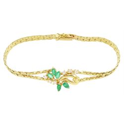 18ct gold five stone, marquise cut emerald and five stone, round brilliant cut diamond bra...