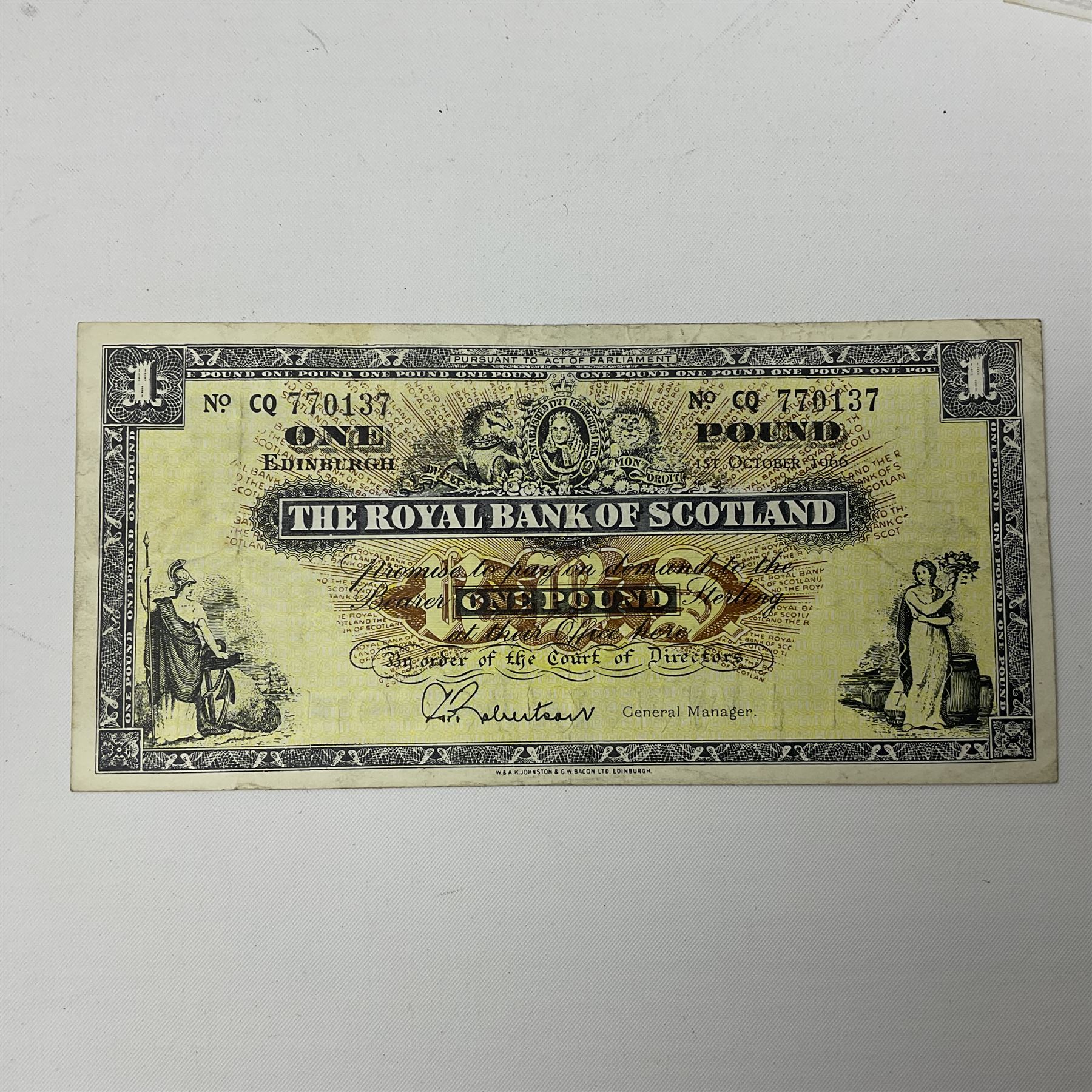 Irish and Scottish banknotes to include Bank of Ireland 5 January 1939 ‘B15’ one pound, two Bank of Scotland 1964 ‘AD07’ and ‘AF05’ one pound notes, one 1966 ‘CQ77’ one pound, and further notes from Clydesdale Bank, National Commercial Bank of Scotland Ltd. etc, housed in plastic sleeves