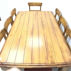 Malaysian plank top dining table, turned supports (W179cm, H76cm, D106cm) and set eight dining chairs, turned supports, upholstered seat (W49cm)