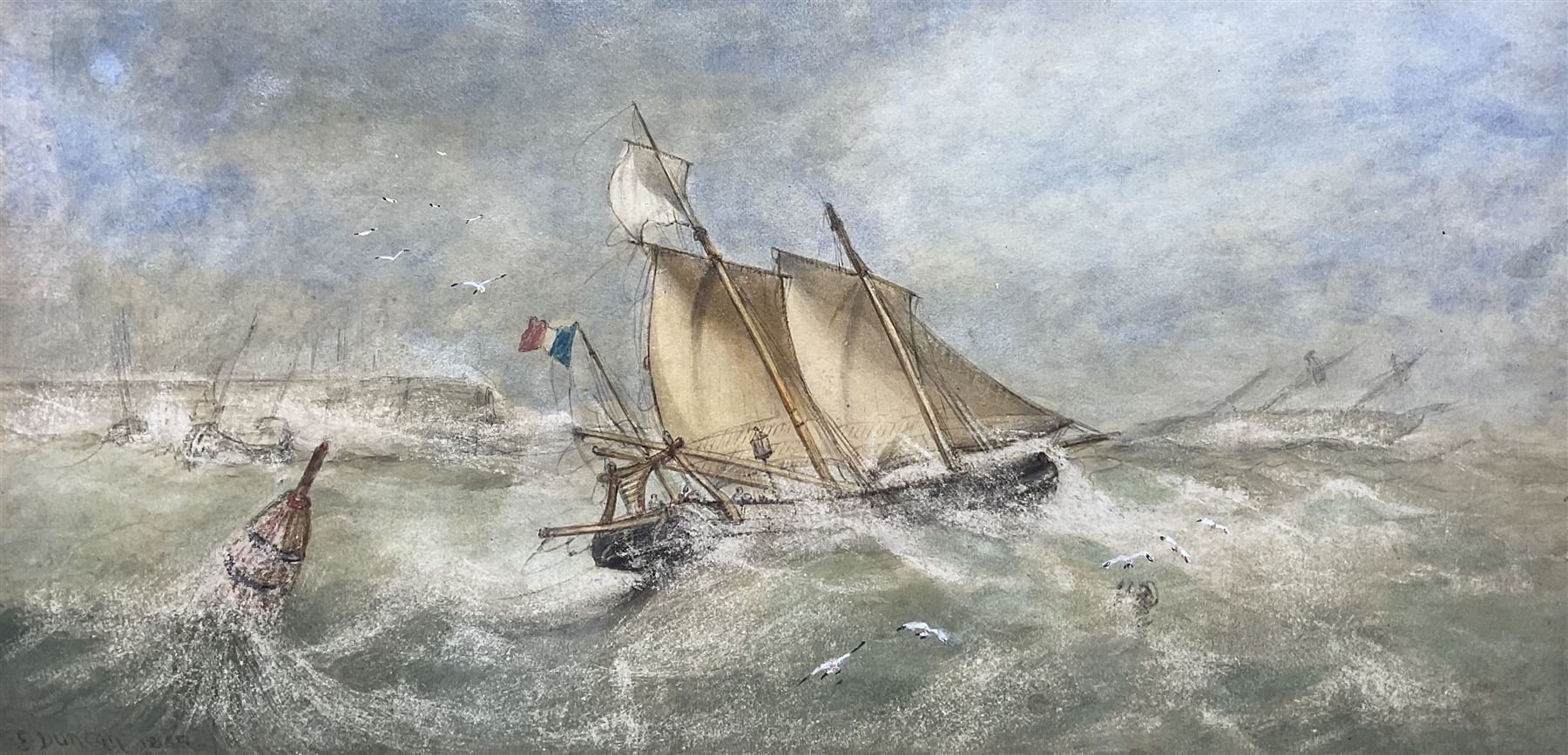 Edward Duncan (British 1803-1882): 'French Boats in a Squall', watercolour with scratching out signed and dated 1865, titled on label verso 22cm x 46cm 