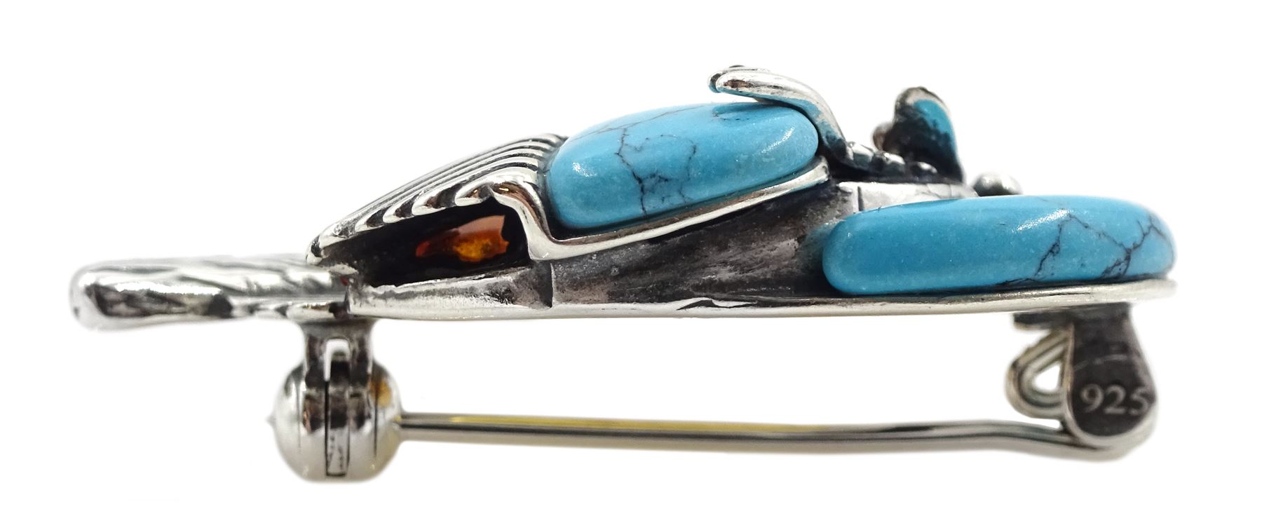 Silver turquoise and amber kingfisher brooch