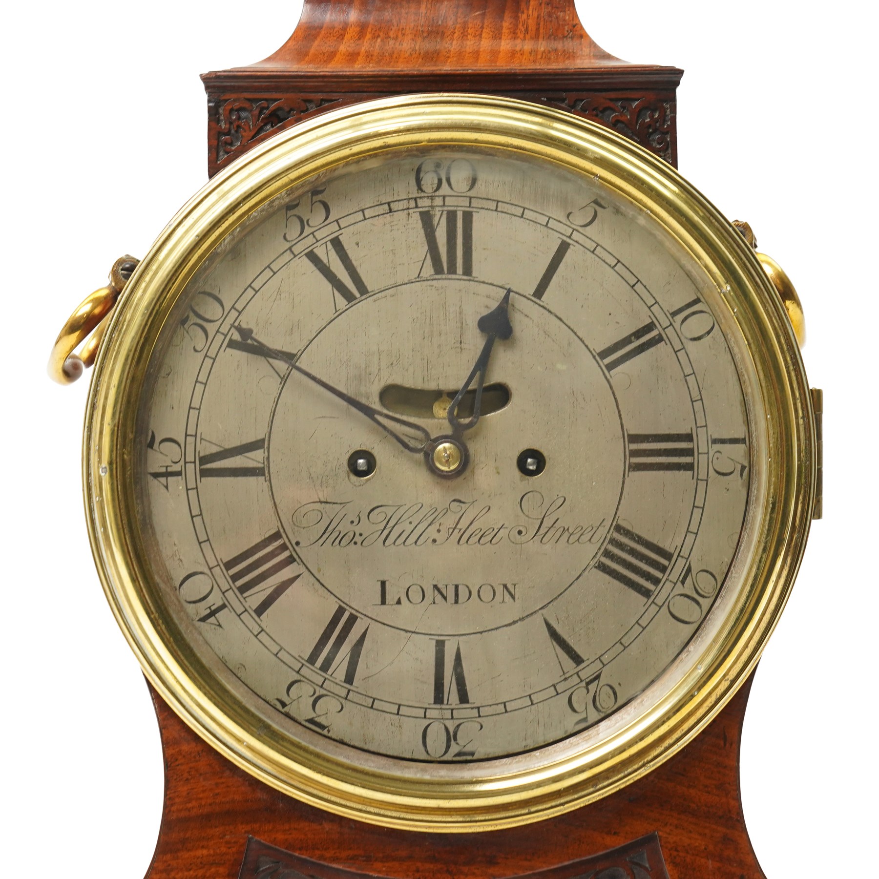 18th century bracket clock with twin chain fusee movement, the steel dial inscribed Thomas Hill, Fleet Street, London in mahogany case with blind fret carved panels, brass handles on gilt brass scroll feet with a later mahogany bracket H50cm excluding bracket