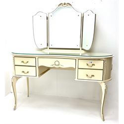 French style cream and gilt kidney shaped dressing table with triple mirror 