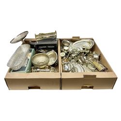 Quantity of silver plate and other metal ware, including sugar caster, tureens, serving dishes, pair of candelabra etc, in two boxes 