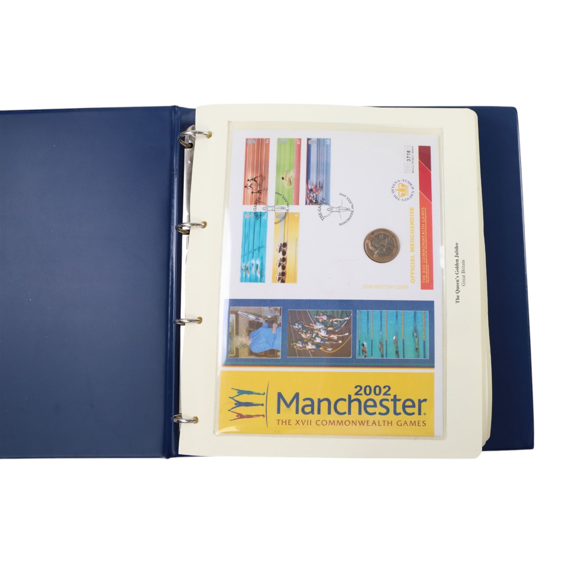 Approximately 104 Royal Mail Royal Mint coin or medallion covers, housed in an official Royal Mail Royal Mint ring binder folder and loose, together with The Queen's Golden Jubilee Coin Cover Collection in two albums, commemorative fifty pences, crowns, etc