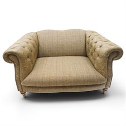 Tetrad - 'Matisse' snuggler armchair or loveseat, Chesterfield shape with rolled arms flanking a serpentine back and front, upholstered in herringbone pattern Harris Tweed and tan leather with close-nailed studwork, on turned feet